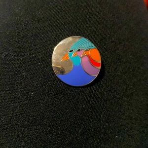 Signed Laurel Burch "Celestial Birds" Silver Tone Round Brooch Pin
